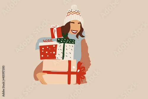 Woman with gift boxes smiling. Vector illustration in pastel tones.