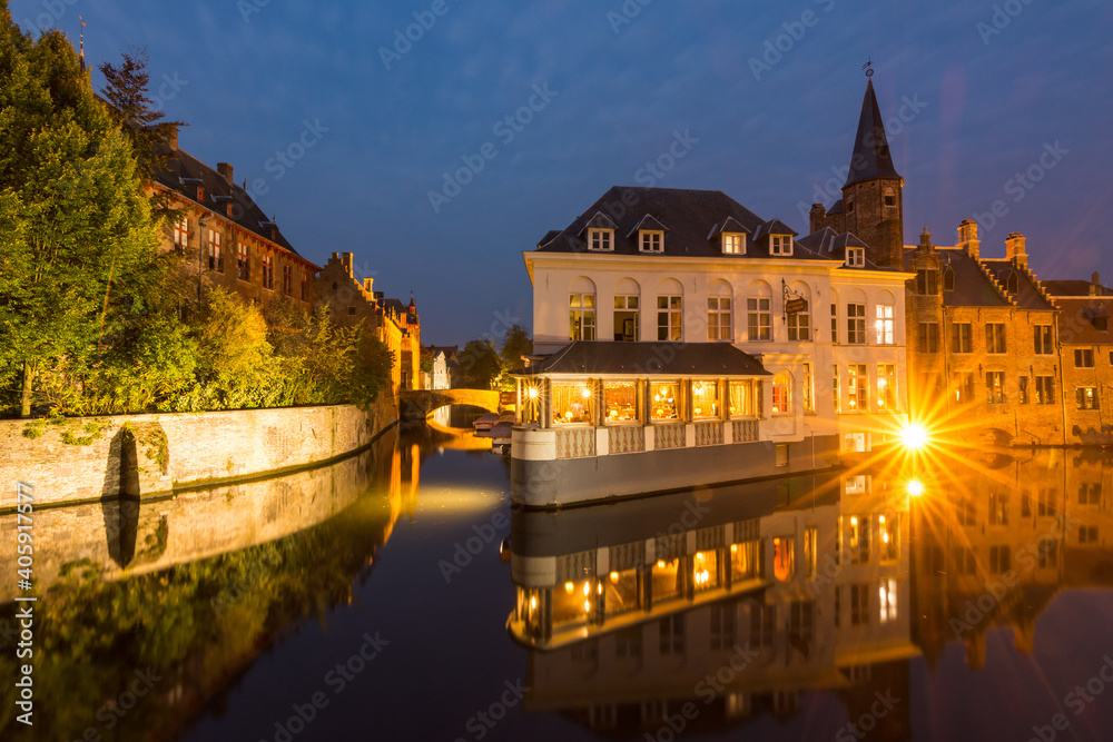 Nightscape from the Rozenhoedkaai. Historial centre of Bruges Belgium.