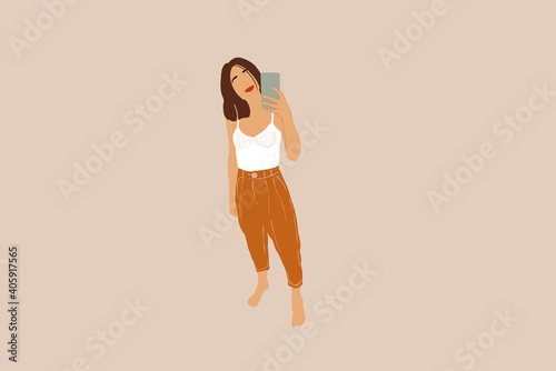 Woman take a selfie while staying and smiling. Vector illustration.