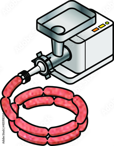 A bench-top meat mincer. With a sausage-making attachment and freshly made links of sausages.