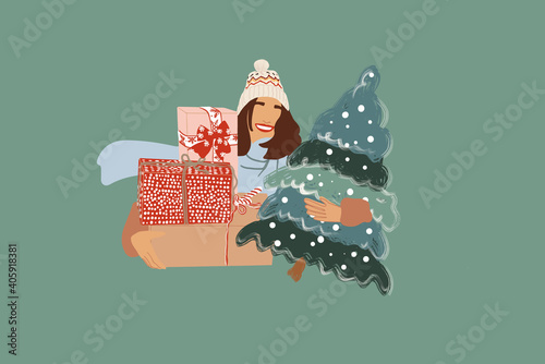 Woman with gift boxes smiling. Vector illustration in pastel tones.