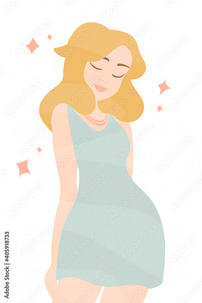 Portrait of a young beautiful lady with wavy blond hair wearing light blue dress and smiling and posing isolated on white background Portrait of a young beautiful lady with wavy blond hair wearing light blue dress and smiling and posing isolated on white background