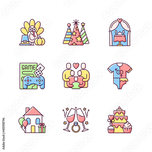 Party RGB color icons set. Thanksgiving tradition. Birthday cone hats. Wedding reception. Game night. Family gathering. Baby gender reveal. Happy housewarming. Isolated vector illustrations