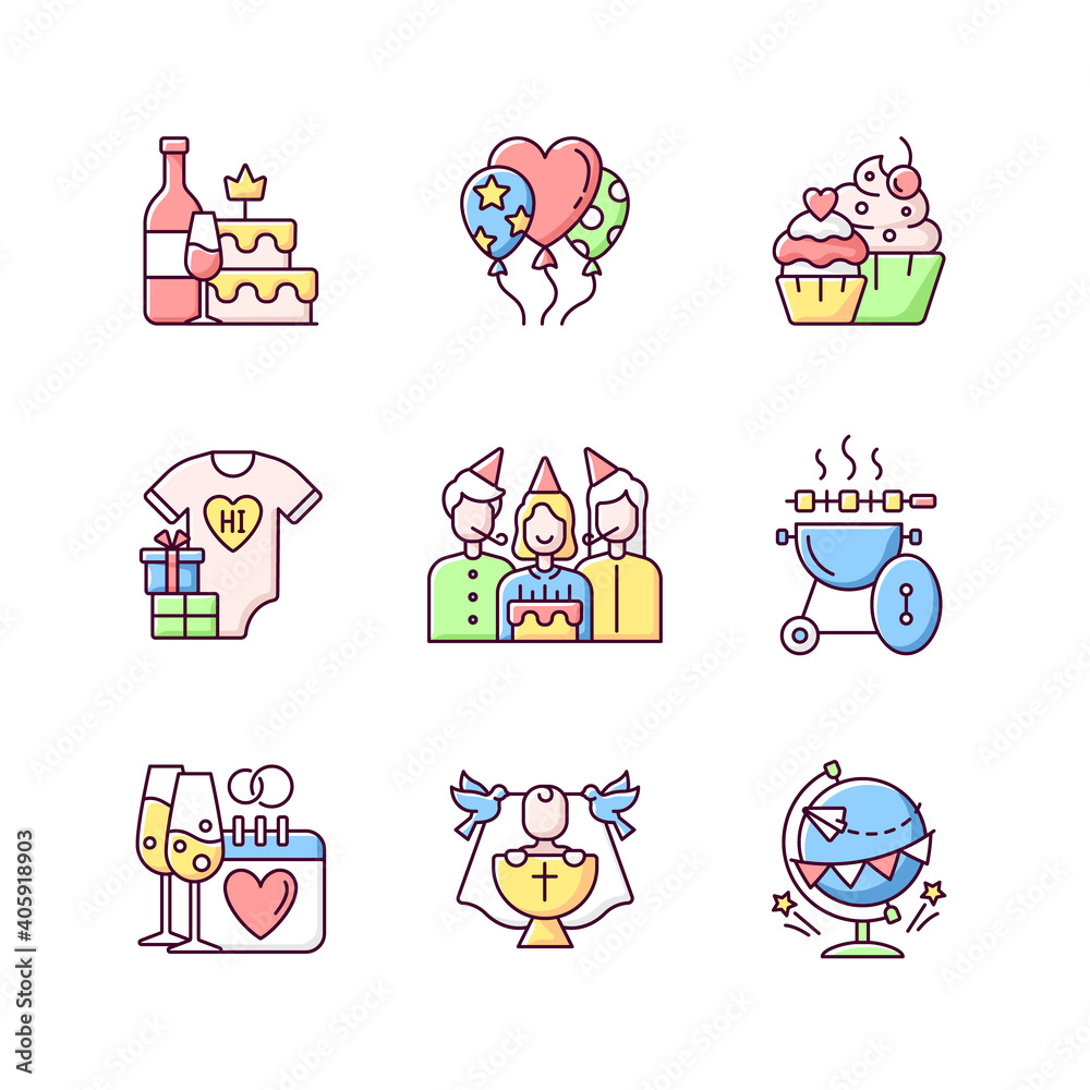 Party celebration RGB color icons set. Balloons for decoration. Cupcakes, muffins. Baby shower. Birthday anniversary. Barbeque picnic. Wedding date. Bachelorette party. Isolated vector illustrations