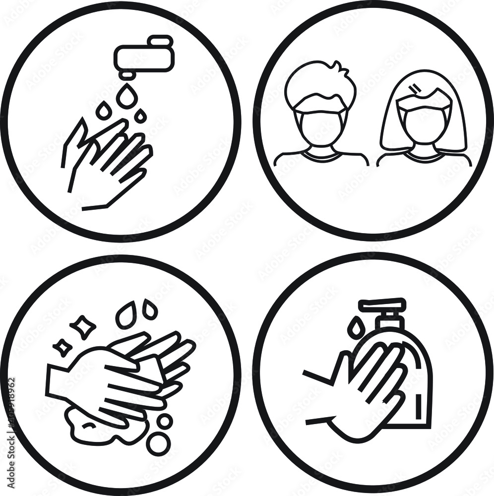 Wear mask Wash hands Keep social distance Stay home Medical precaution alcohol gel icon Wear mask Wash hands Keep social distance Stay home Medical precaution alcohol gel icon