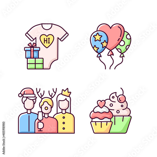 Family birthday celebration RGB color icons set. Baby shower. Balloons for decoration. Christmas party with coworkers and friends. Muffins and cupcakes. Isolated vector illustrations