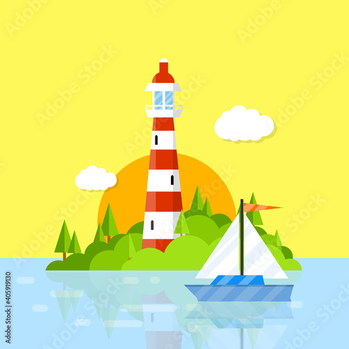 Beautiful lighthouse in the Harbor. Red white tower. Attraction for tourists at sea. A green island with forests and boat.