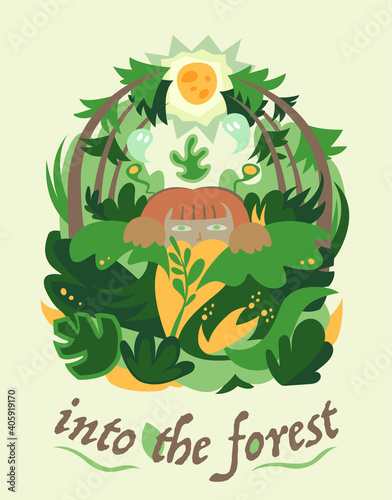 Into the forest. Girl hide into the leafs and trees under the full moon. Tropical forest, wild, ghosts. Poster, book cover flat illustration.