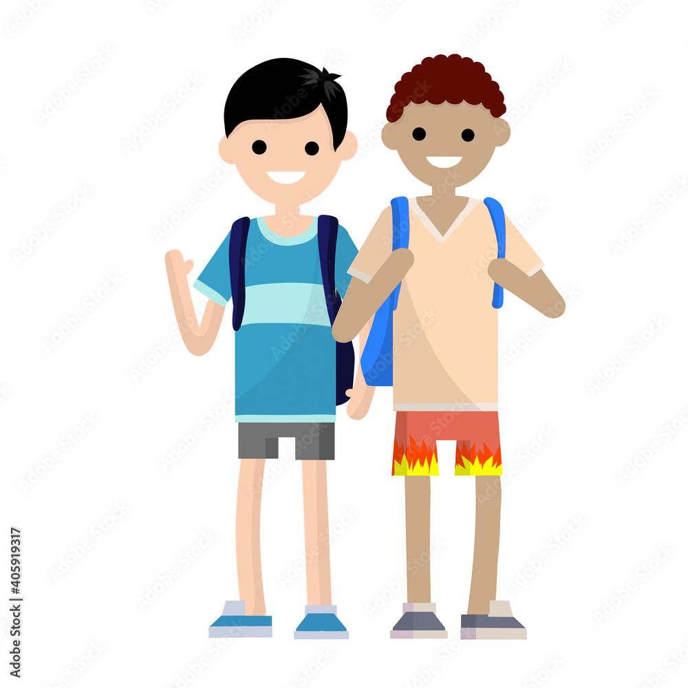 Two student friend with backpacks. Men in shorts. A vacation in the summer season. trip and hike. Multicultural friends. Lucky guys. Cartoon flat illustration
