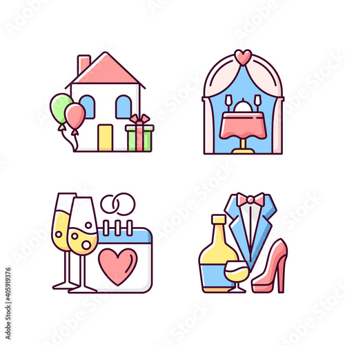Family celebration RGB color icons set. Housewarming party. Engagement date. Romantic dinner. Wedding reception. Marriage anniversary. Bachelor party. Isolated vector illustrations
