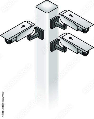 Three security/surveillance cameras mounted on a pole.
