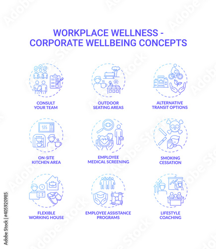 Workplace wellness concept icons set. Corporate wellbeing idea thin line RGB color illustrations. Outdoor seating. Employee assistance programs. Lifestyle coaching. Vector isolated outline drawings