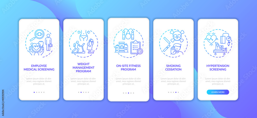 Workstation wellness onboarding mobile app page screen with concepts. Weight management, smoking cessation walkthrough 5 steps graphic instructions. UI vector template with RGB color illustrations