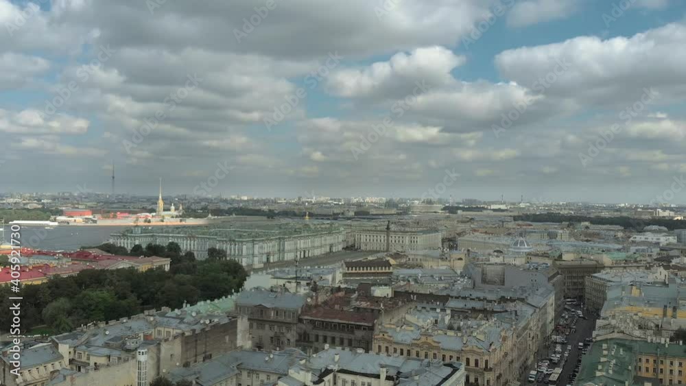 Aerial cinematic view of st. Petersburg city. Neva river panorama. Rostral Columns in St. Petersburg, Russia. Aerial cinematic view of st. Petersburg city. Neva river panorama. Rostral Columns in St. Petersburg, Russia.