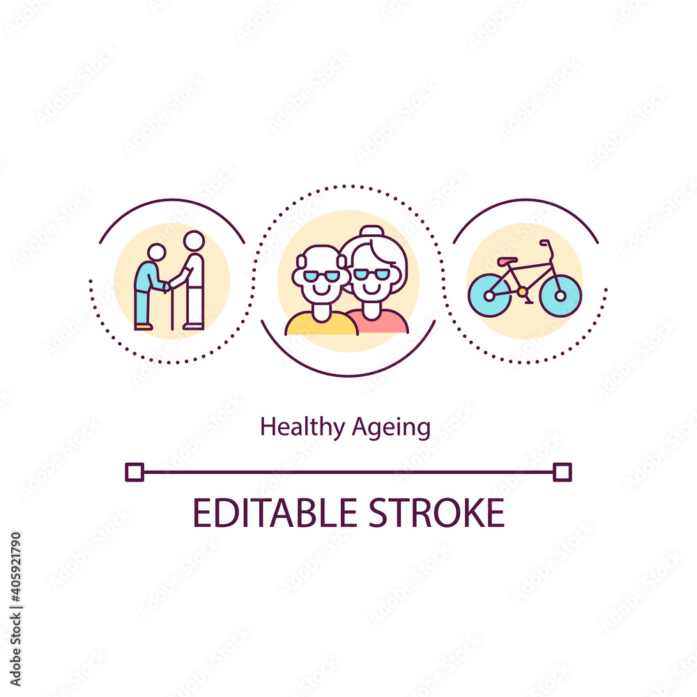 Healthy ageing concept icon. Enabling wellbeing in older age idea thin line illustration. Physical, social and mental health. Vector isolated outline RGB color drawing. Editable stroke Healthy ageing concept icon. Enabling wellbeing in older age idea thin line illustration. Physical, social and mental health. Vector isolated outline RGB color drawing. Editable stroke