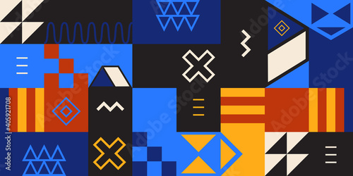 Retro colorful geometric shapes. Abstract pattern, rounded shapes, sharp angles, contrasting colors. Cubism, Constructivism, and Suprematism. Vector, bright and trendy illustration.