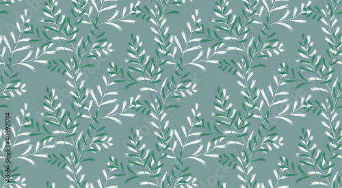 Floral seamless pattern, white and gray twigs with leaves on a gray background. Vector. Fashionable design for textiles, fabric, wallpaper, paper.