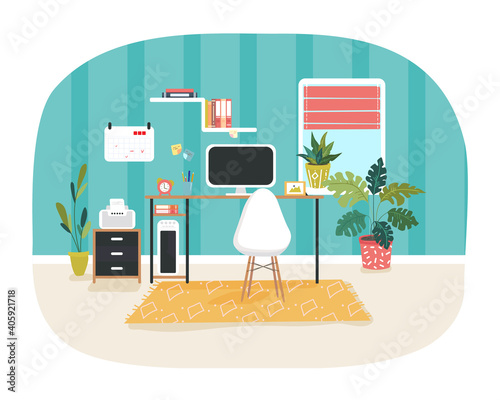 Illustration of the home interior with the working space decorated with office objects, calendars, books, houseplants. Modern furniture and shapes. Vector, bright and trendy illustration.