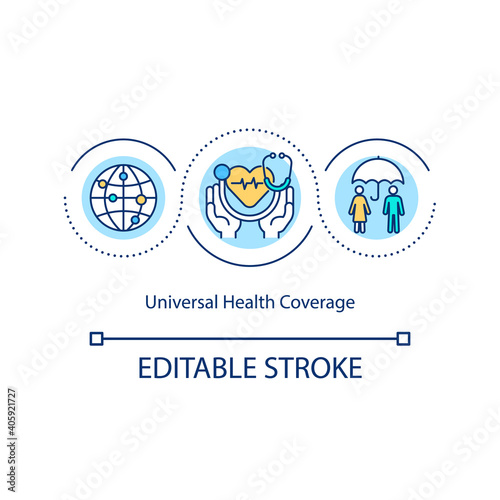Universal health coverage concept icon. Access to needed health-related services idea thin line illustration. Ensuring social protection. Vector isolated outline RGB color drawing. Editable stroke