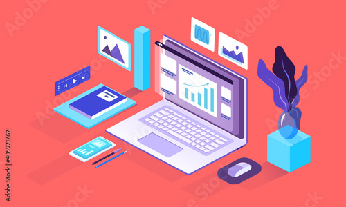 Illustration of the colored isometric laptop with business or finance graphics. Pictures, pop-up windows, smartphones, office paper, and chancellery objects. Excellent for landing or web pages. Vector