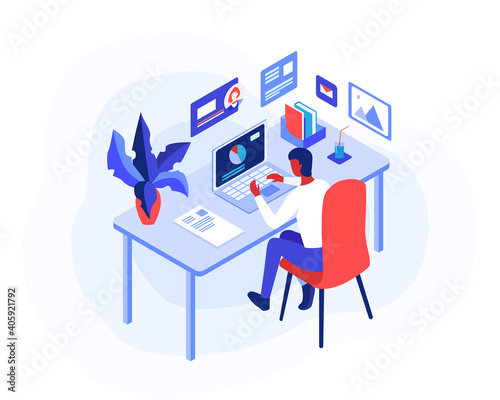 A sitting man is analyzing and making research on finance or business plans for some company. Stay home and work remotely conception. The picture is decorated with graphics, pop-up windows. Vector