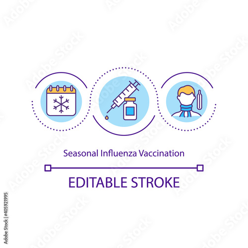 Seasonal influenza vaccination concept icon. Flu shots idea thin line illustration. Protection against viruses. Reducing health burden. Vector isolated outline RGB color drawing. Editable stroke