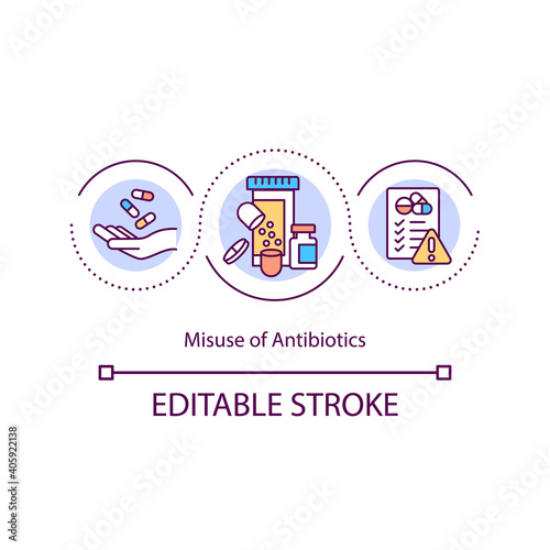 Antibiotics misuse concept icon. Taking medicine without prescription idea thin line illustration. Promoting bacterial resistance. Vector isolated outline RGB color drawing. Editable stroke