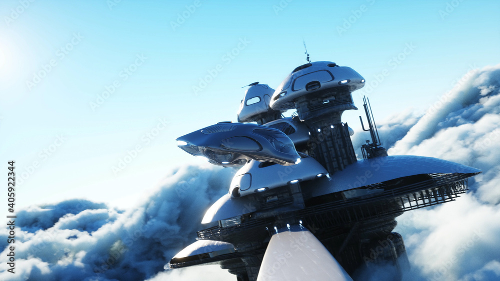 futuristic ship lands on futuristic base in the clouds. 3d rendering.