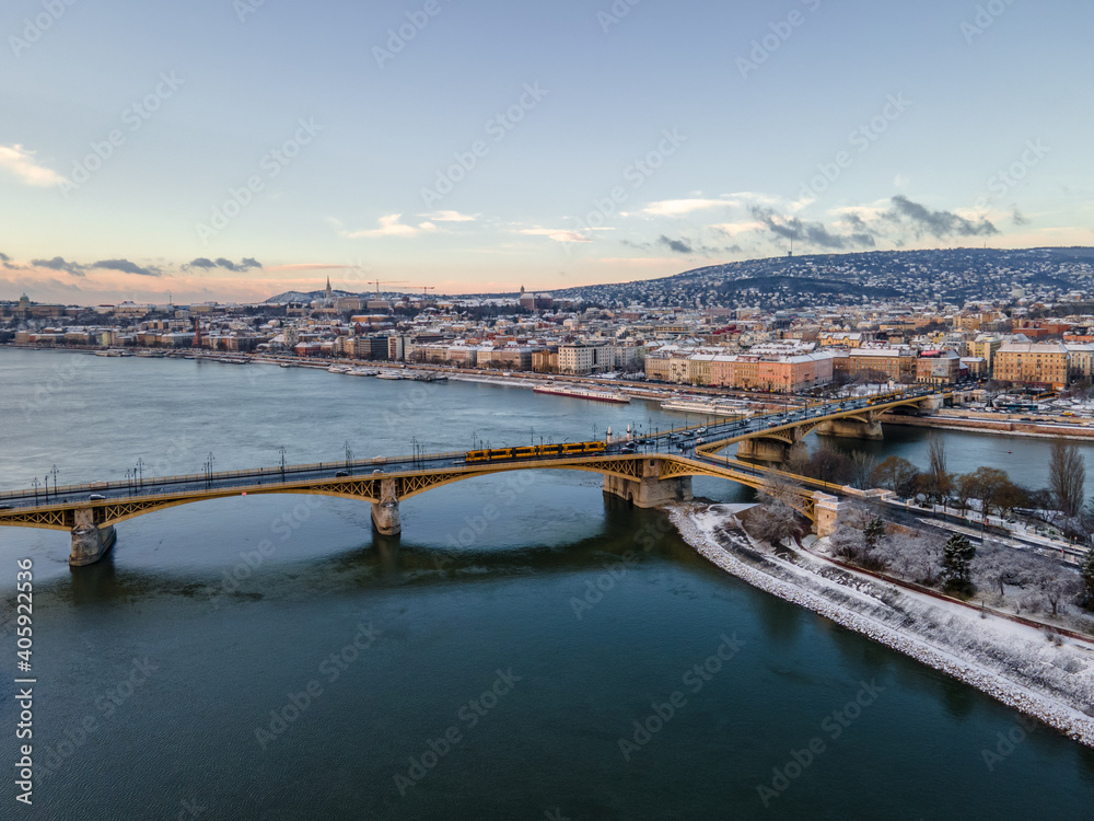 Hungary - Beautiful snowy Budapest on a winter morning from drone view