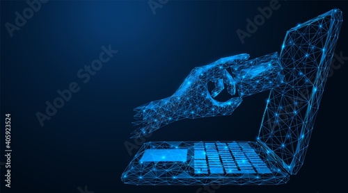 Online banking. Hand with a bank card and personal computer. The concept is a low-poly model of a mobile payment system. Blue background.
