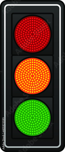 A set of LED traffic lights. All lights are shown on.