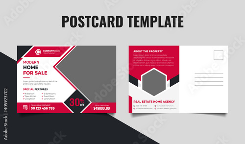 Real estate postcard template design with red and black shape premium vector