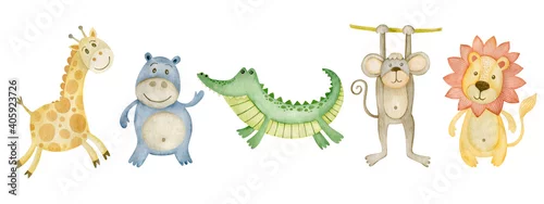 Panel kuchenny z motywem Set of watercolor African animals. Monkey, crocodile, hippo, giraffe, lion.