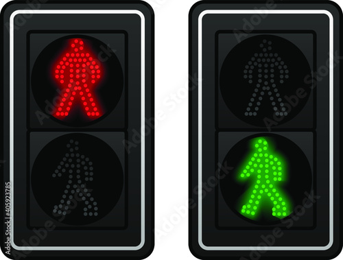 Two sets of LED pedestrian traffic lights showing walk and don't walk.