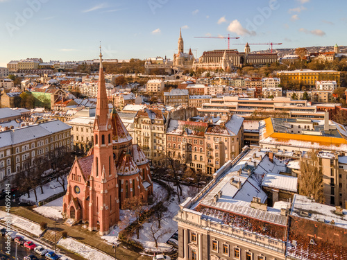 Hungary - Beautiful snowy Budapest on a winter morning from drone view