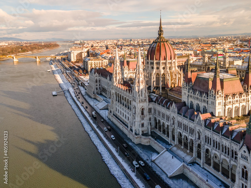  Hungary - Beautiful snowy Budapest Parliament on a winter morning from a drone view
