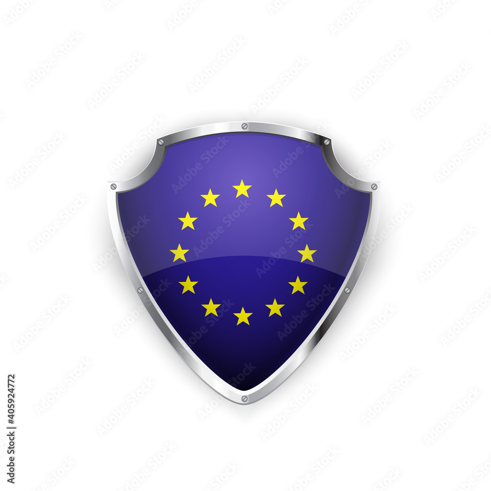 European Union flag design on a shield as a sign of strength and power. EU flag design. Vector illustration. European Union flag design on a shield as a sign of strength and power. EU flag design. Vector illustration.