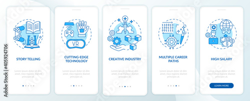Game design industry benefits onboarding mobile app page screen with concepts. Creative industry walkthrough 5 steps graphic instructions. UI vector template with RGB color illustrations