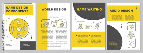 Game designing brochure template. World creation, audio design. Flyer, booklet, leaflet print, cover design with linear icons. Vector layouts for magazines, annual reports, advertising posters