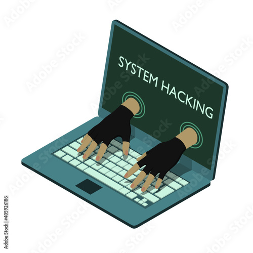 Impudent hacker is stealing data from laptop. Hands from screen are hacking a laptop in isometric.