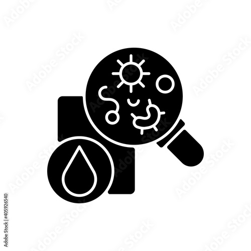 Microbiology black glyph icon. Organisms in water sample. Pollution examination. Laboratory experiment. Biotechnology analysis. Silhouette symbol on white space. Vector isolated illustration