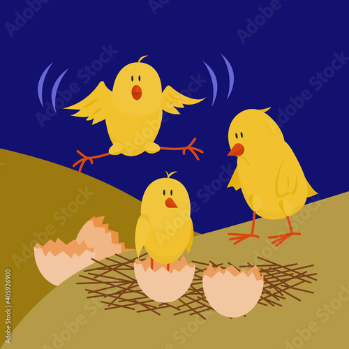 Chick. Vector illustration of cartoon chickens for animation. Editable strokes. The chicks have hatched from the eggs and are frolicking.