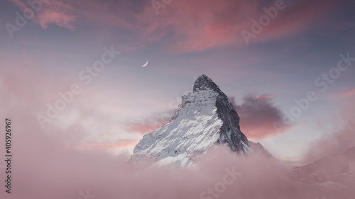 view to the majestic Matterhorn mountain with crescent moon in the evening mood.