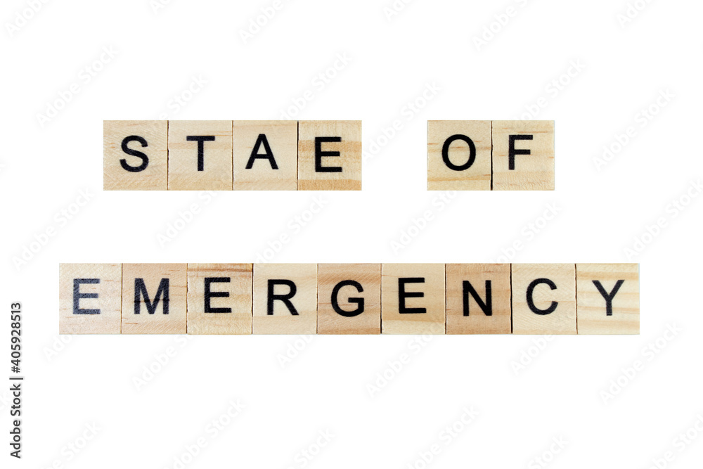 stae of emergency. English word on white isolated background composed from letters on wooden cubes. Learning english concept. stae of emergency. English word on white isolated background composed from letters on wooden cubes. Learning english concept.
