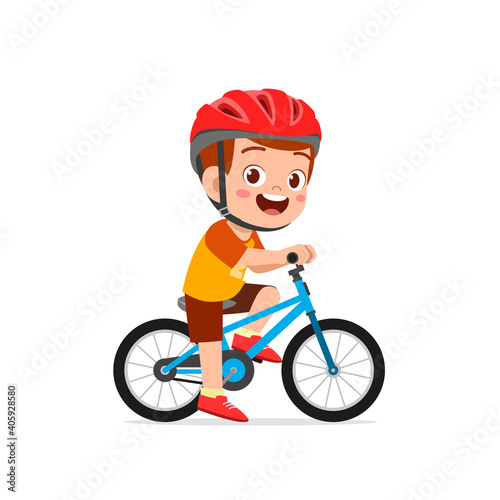 happy cute little kid boy riding bicycle
