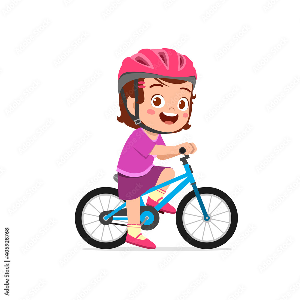 Naklejka premium happy cute little girl boy riding bicycle