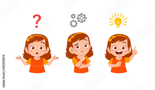 happy cute little kid girl thinking and searching idea process