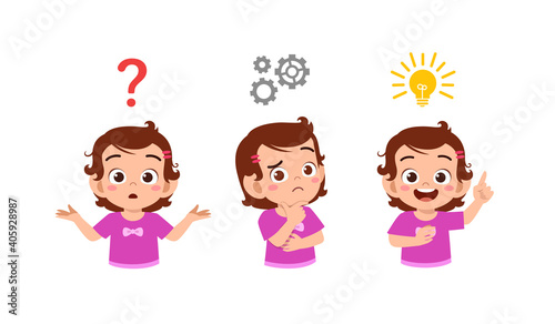 happy cute little kid girl thinking and searching idea process