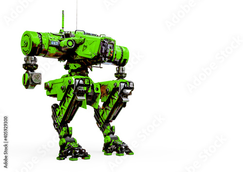 yellow combat mech in a white background in staic pose with copy space