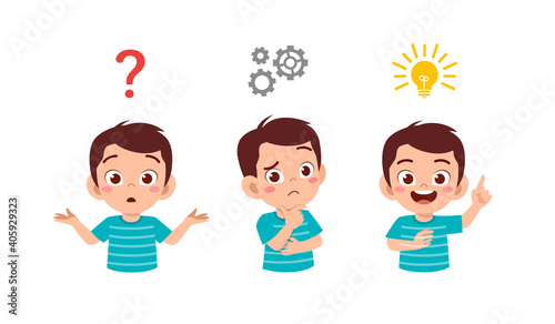 happy cute little kid boy thinking and searching idea process